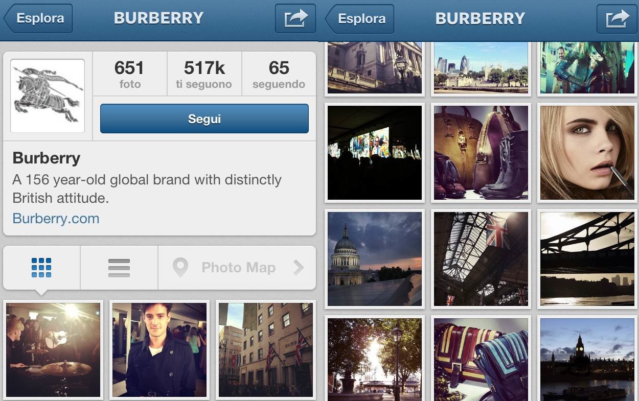 Burberry ha un account Instagram per fare marketing